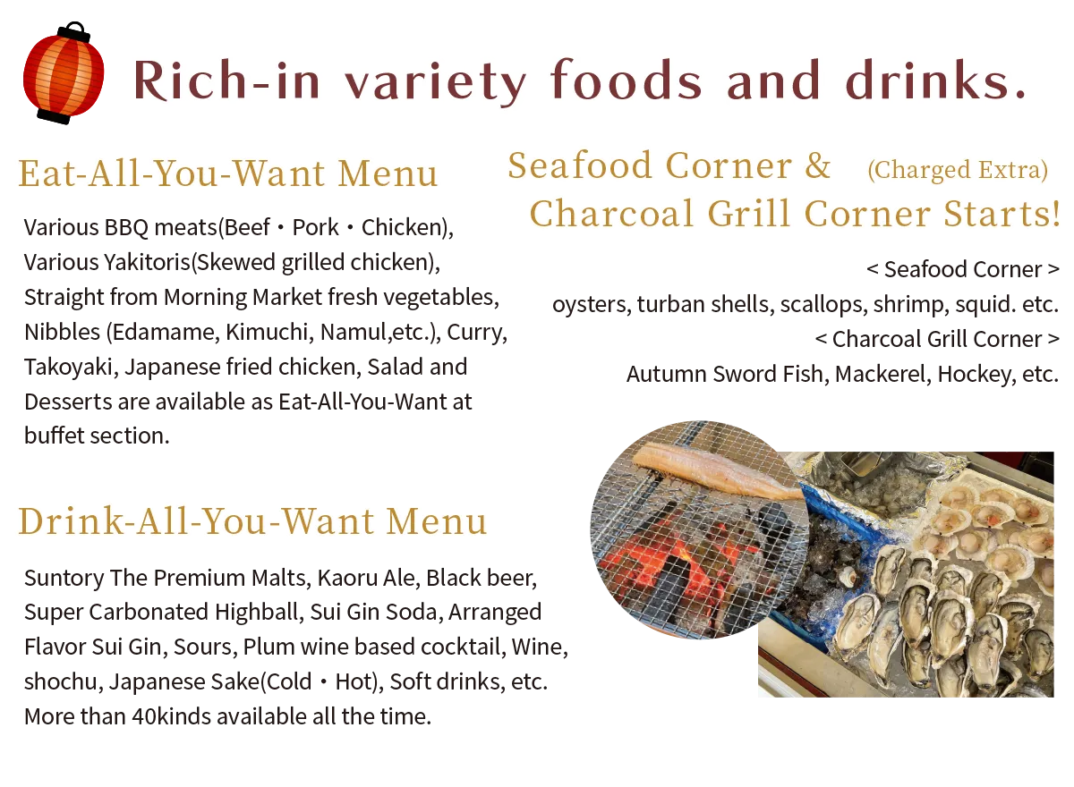 Rich-in-variety foods and drinks. 