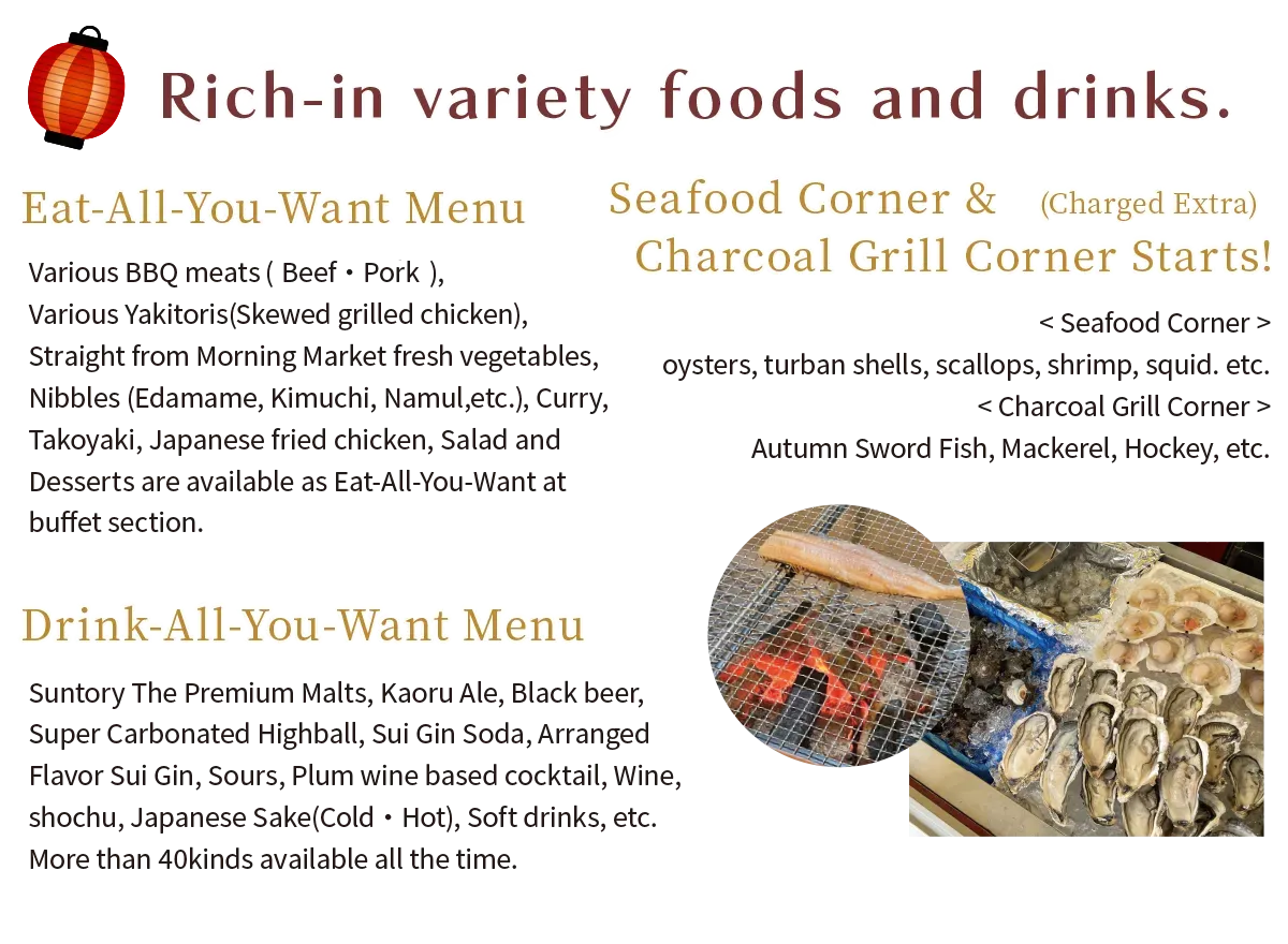 Rich-in-variety foods and drinks. 